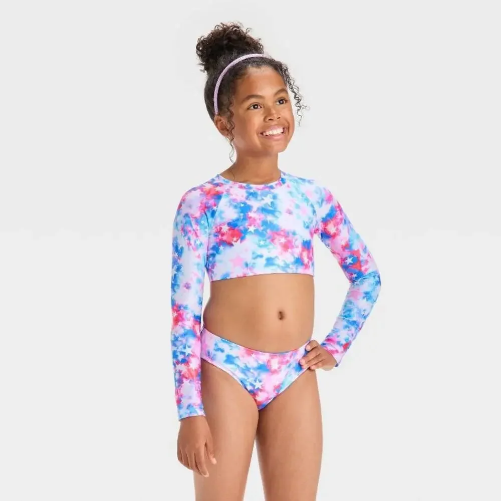 Cat & Jack Americana Tie Dye Rash Guard Bikini, 7/8